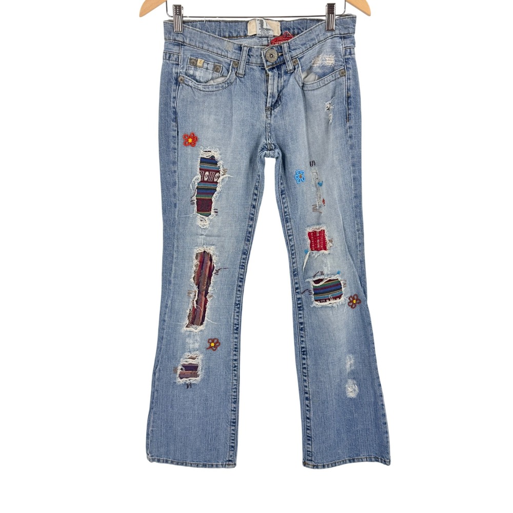 Z Cavaricci Jeans Light Blue Size 5 Distressed Boho Patchwork Low Rise Y2K